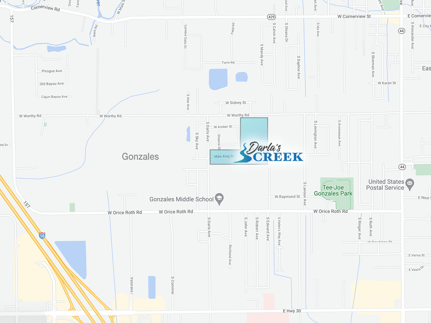 map of Gonzales La. with Darla's Creek 